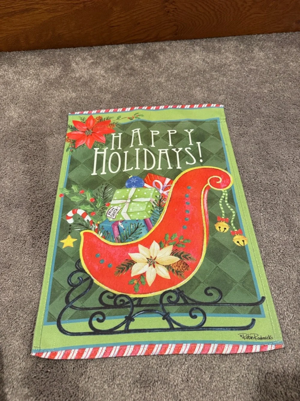 Robin Roderick “Happy Holidays” Christmas Sleigh Garden Flag 12.5x18
